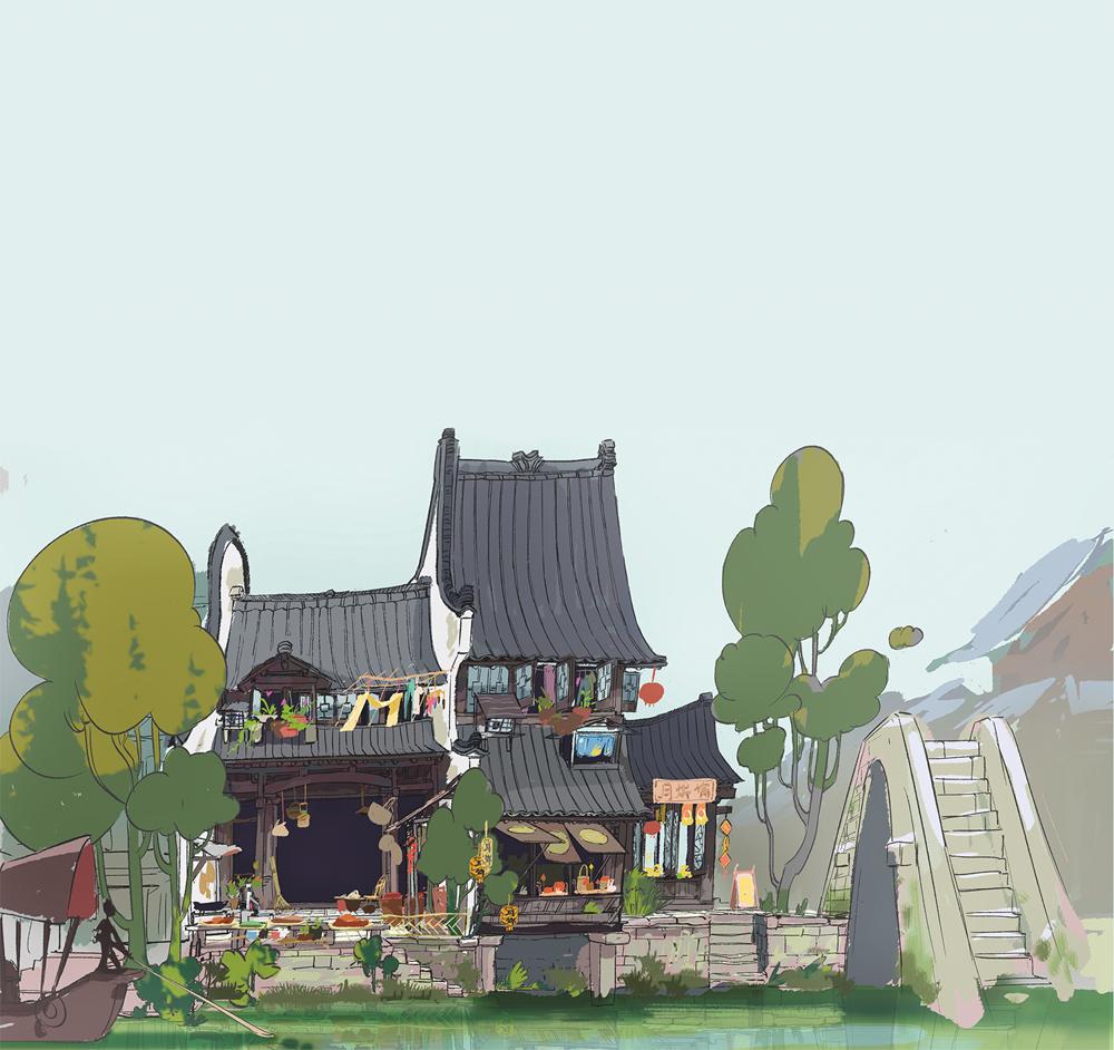 Croquis de la maison et de la boutique de la famille Fei Fei par Glen Keane. | Over The Moon: Illuminating the Journey de Leonard Maltin, publié par Titan Books. SUR LA LUNE © Netflix / Pearl Studio 2020.