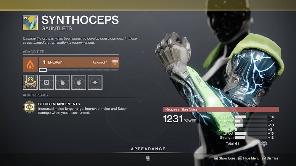 Synthoceps étend votre fente de mêlée Titan et rend votre mêlée et Super plus puissant chaque fois que vous êtes entouré.
