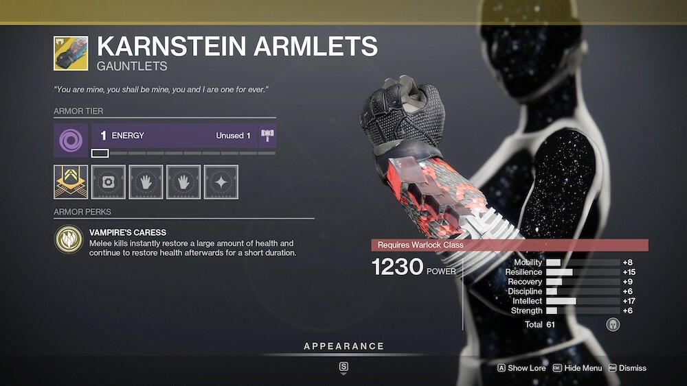 Les bracelets de Karnstein vous guérissent lorsque vous êtes tué au corps à corps - les gantelets vous aideront à survivre à des situations d'urgence à courte portée.