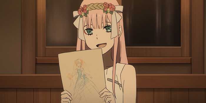 La figurine "DARLING in the FRANXX" montre Zero Two dans une robe de mariée