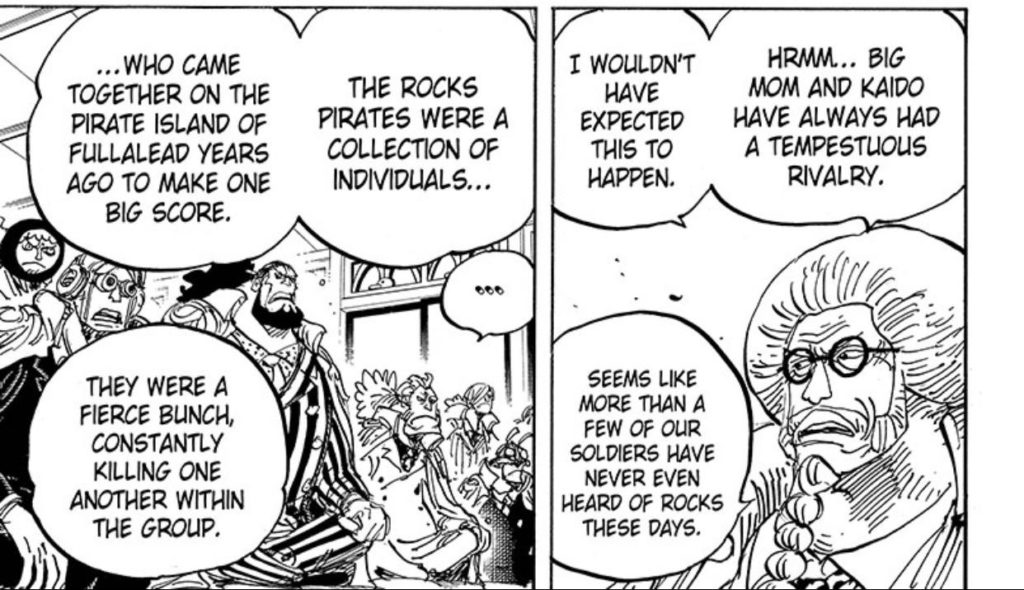Enfin, au chapitre 957, Sengoku explique que l'équipage des Rocks Pirates a été créé et s'est réuni sur l'île des pirates, l'île que Barbe Noire occupe actuellement.