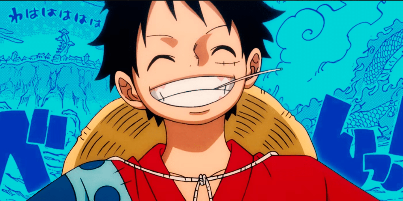 Luffy souriant devant un carte bleue