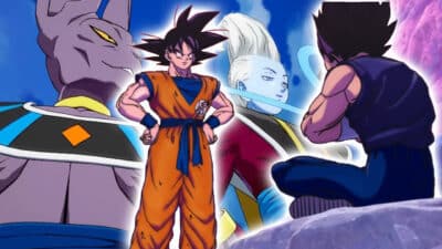 Goku et vegeta avec beerus et whis dieux