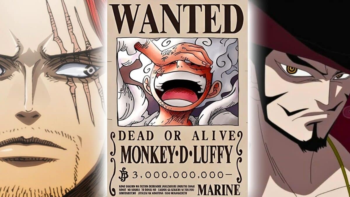 prime luffy wanted shanks et mihawk en fond