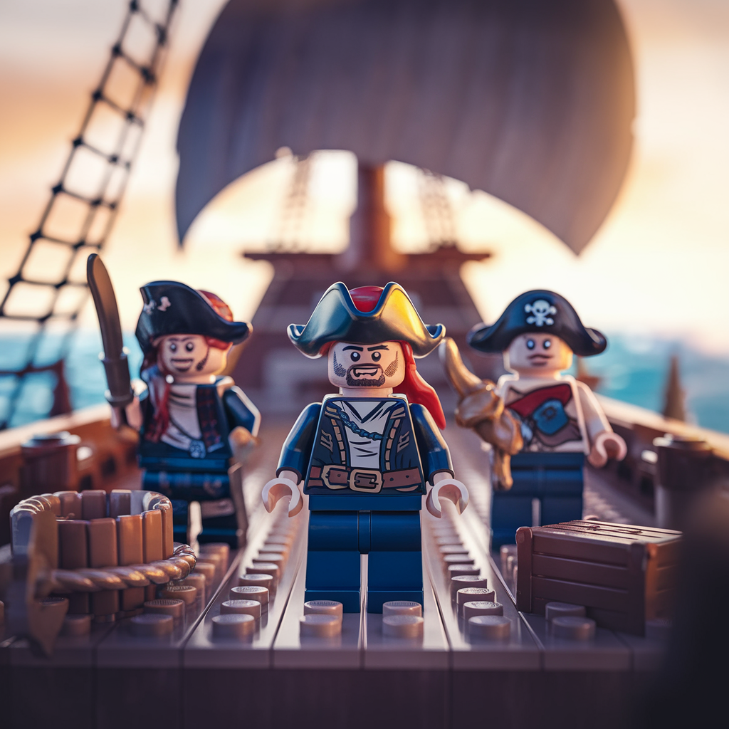 Des pirates façon LEGO sur un navire, clin d’œil à One Piece