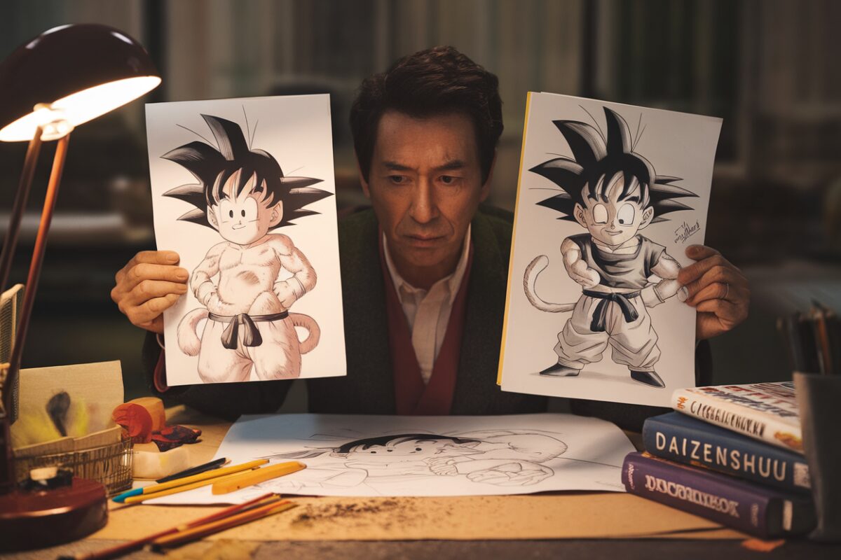 Comparaison de dessins de Goku, Goten et Trunks autour de la queue