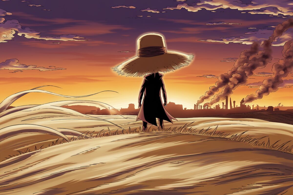 Silhouette d’un pirate face à une ville d’Alabasta en pleine tension